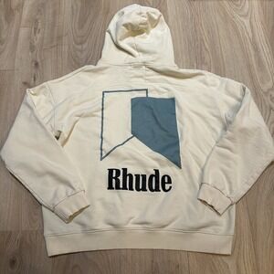 RHUDE  Track Print Hoodie‎ Sweatshirt Cream White Size L Large Streetwear